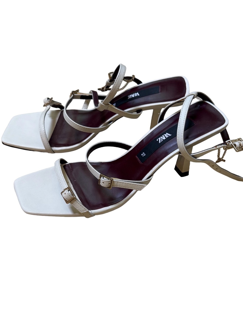 Zara White Strappy Square-Toe Mid-Heel Sandals Size 37